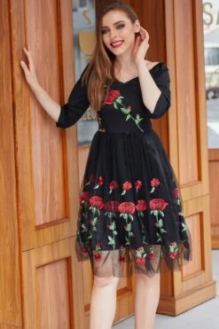 Black V Neck Vintage Dress With Rose Embroidery -Zapaka Sales Store ZPKCGZL21041 20Black 7