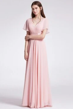 V Neck Pink Bridesmaid Dress With Ruffles