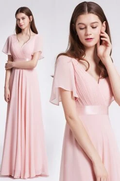 V Neck Pink Bridesmaid Dress With Ruffles -Zapaka Sales Store ZPKCGZL21266 Pink 3