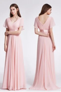 V Neck Pink Bridesmaid Dress With Ruffles -Zapaka Sales Store ZPKCGZL21266 Pink 4