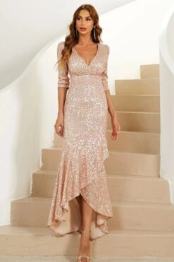Sheath V Neck Champagne Sequins Long Party Dress -Zapaka Sales Store ZPKCGZL21557 Champagne 3