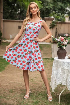 Blue Strawberry Floral Vintage Swing 1950s Dress -Zapaka Sales Store ZPKYYCGHX 3180 2