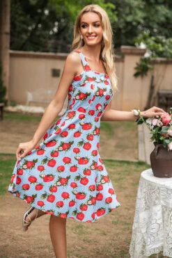 Blue Strawberry Floral Vintage Swing 1950s Dress -Zapaka Sales Store ZPKYYCGHX 3180 4