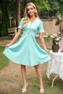 V Neck 1950s Swing Dress 12 V Neck 1950s Swing Dress -Zapaka Sales Store ZPKYYCGHX WJY14792 Blue 2