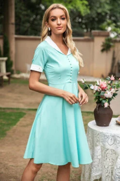 V Neck 1950s Swing Dress 14 V Neck 1950s Swing Dress -Zapaka Sales Store ZPKYYCGHX WJY14792 Blue 3