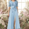 V Neck Blue Mother Of Bride Dress With Appliques