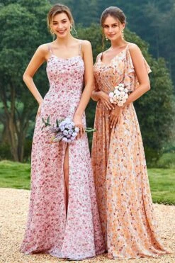 Pink Floral Print Bridesmaid Dress -Zapaka Sales Store ZPKYYLH20408 Pink Rose 1 first