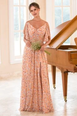 Floral Print Orange Bridesmaid Dress -Zapaka Sales Store ZPKYYLH20409 Orange Rose 3
