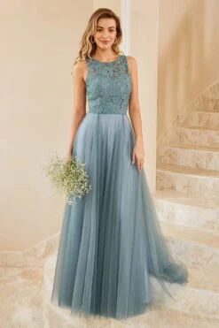 Grey Blue Tulle Bridesmaid Dress With Lace -Zapaka Sales Store ZPKYYLH20410 Grey Blue 2