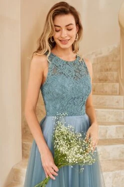 Grey Blue Tulle Bridesmaid Dress With Lace -Zapaka Sales Store ZPKYYLH20410 Grey Blue 3