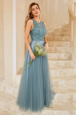Grey Blue Tulle Bridesmaid Dress With Lace -Zapaka Sales Store ZPKYYLH20410 Grey Blue 4