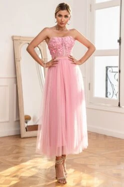 Gorgeous A Line Strapless Pink Prom Dress With Appliques