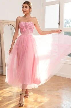 Gorgeous A Line Strapless Pink Prom Dress With Appliques -Zapaka Sales Store ZPKYYLH20438 Pink 4