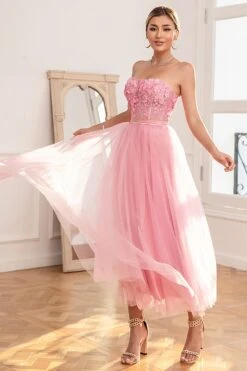 Gorgeous A Line Strapless Pink Prom Dress With Appliques -Zapaka Sales Store ZPKYYLH20438 Pink 5