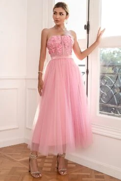 Gorgeous A Line Strapless Pink Prom Dress With Appliques -Zapaka Sales Store ZPKYYLH20438 Pink 6