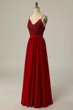 Burgundy Long Prom Dress With Beading Lace -Zapaka Sales Store ZPKYYLH445 Burgundy 3