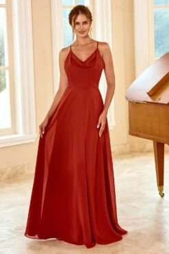 Rust Red Spaghetti Straps Long Bridesmaid Dress -Zapaka Sales Store ZPKYYZL053 Rust Red 6