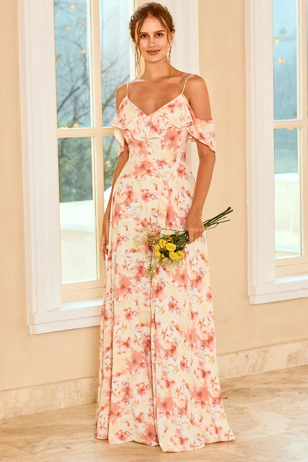 Print Blush Bridesmaid Dress With Ruffle 4 Print Blush Bridesmaid Dress With Ruffle - Image 4