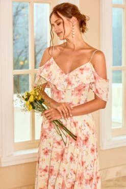 Print Blush Bridesmaid Dress With Ruffle 13 Print Blush Bridesmaid Dress With Ruffle -Zapaka Sales Store ZPKYYZL062 Blush 6