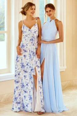 Spaghetti Straps Blue Floral Print Bridesmaid Dress -Zapaka Sales Store ZPKYYZL066 Blue 1 first
