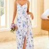 Spaghetti Straps Blue Floral Print Bridesmaid Dress