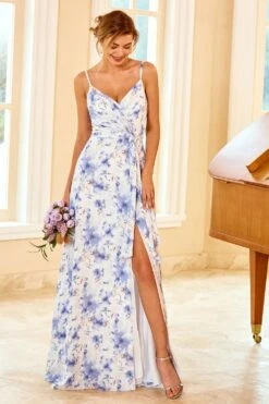Spaghetti Straps Blue Floral Print Bridesmaid Dress -Zapaka Sales Store ZPKYYZL066 Blue 6