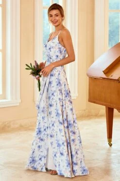 Spaghetti Straps Blue Floral Print Bridesmaid Dress -Zapaka Sales Store ZPKYYZL066 Blue 8