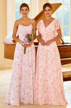 A Line Spaghetti Straps Purple Flower Printed Bridesmaid Dress -Zapaka Sales Store ZPKYYZL067 Purple flower 1 first