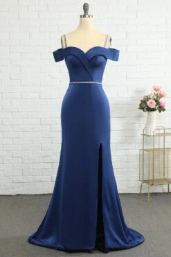 Mermaid Off The Shoulder Navy Bridesmaid Dress With Beading
