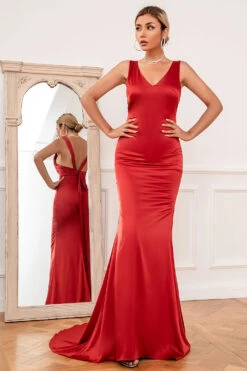 Mermaid V Neck Rust Red Long Bridesmaid Dress -Zapaka Sales Store ZPKYYZL072 Rust 3