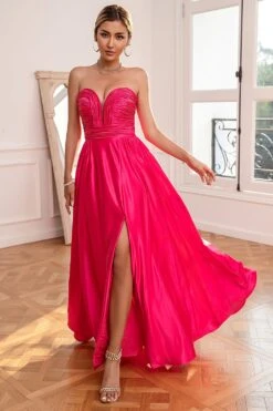 Fuchsia Strapless Prom Dress With Slit