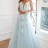 Light Blue Appliques Tulle Prom Dress