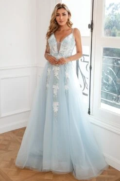 Light Blue Appliques Tulle Prom Dress