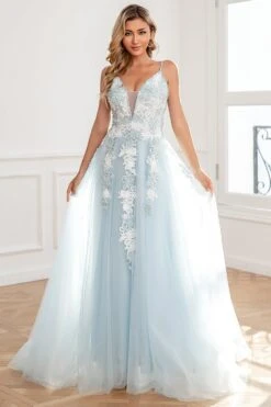 Light Blue Appliques Tulle Prom Dress -Zapaka Sales Store ZPKYYZL162 Light Blue 4