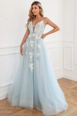 Light Blue Appliques Tulle Prom Dress -Zapaka Sales Store ZPKYYZL162 Light Blue 5