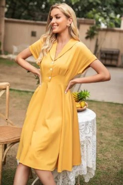Elegant Yellow V Neck Vintage Dress -Zapaka Sales Store a293fe4b19597d342d54dca9d2224a12