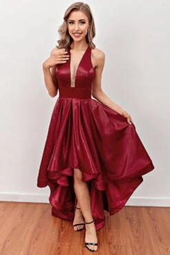 Burgundy High Low Prom Dress With Pockets -Zapaka Sales Store bcf5af07ea71baf46da1632841f5d1b4