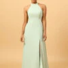 A Line Halter Dusty Sage Long Bridesmaid Dress With Open Back