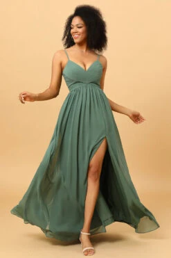 A Line Spaghetti Straps Eucalyptus Long Bridesmaid Dress With Split Front