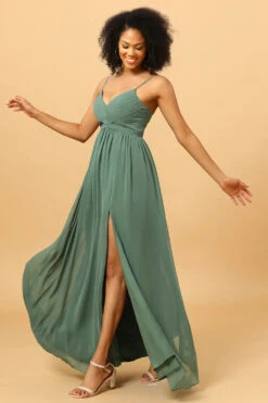 A Line Spaghetti Straps Eucalyptus Long Bridesmaid Dress With Split Front -Zapaka Sales Store ceyy823 Eucalyptus 4
