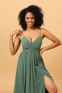A Line Spaghetti Straps Eucalyptus Long Bridesmaid Dress With Split Front -Zapaka Sales Store ceyy823 Eucalyptus 5