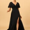 Black Batwing Sleeves Long Chiffon Bridesmaid Dress
