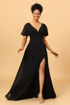 Black Batwing Sleeves Long Chiffon Bridesmaid Dress -Zapaka Sales Store ceyyzl003 Black 3
