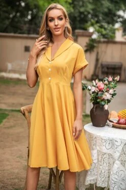 Elegant Yellow V Neck Vintage Dress -Zapaka Sales Store d8d4a72735566821f9421eb350b85df0
