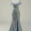 Mermaid Blue Sparkly Off The Shoulder Prom Dress With Slit