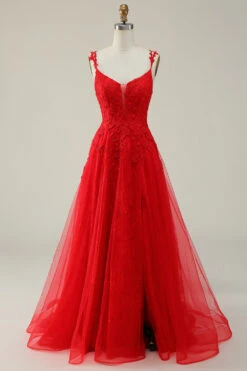 A Line Spaghetti Straps Red Long Prom Dress With Appliques